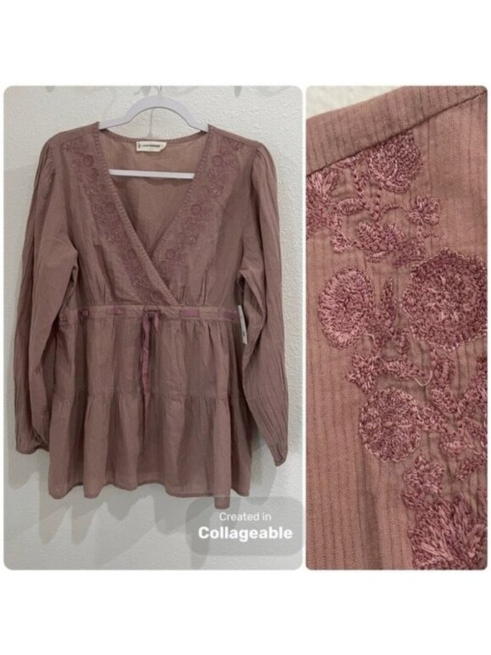 New Lucky Brand Mauve Embroidered Top Boho Gauzy Feminine Dainty Blush